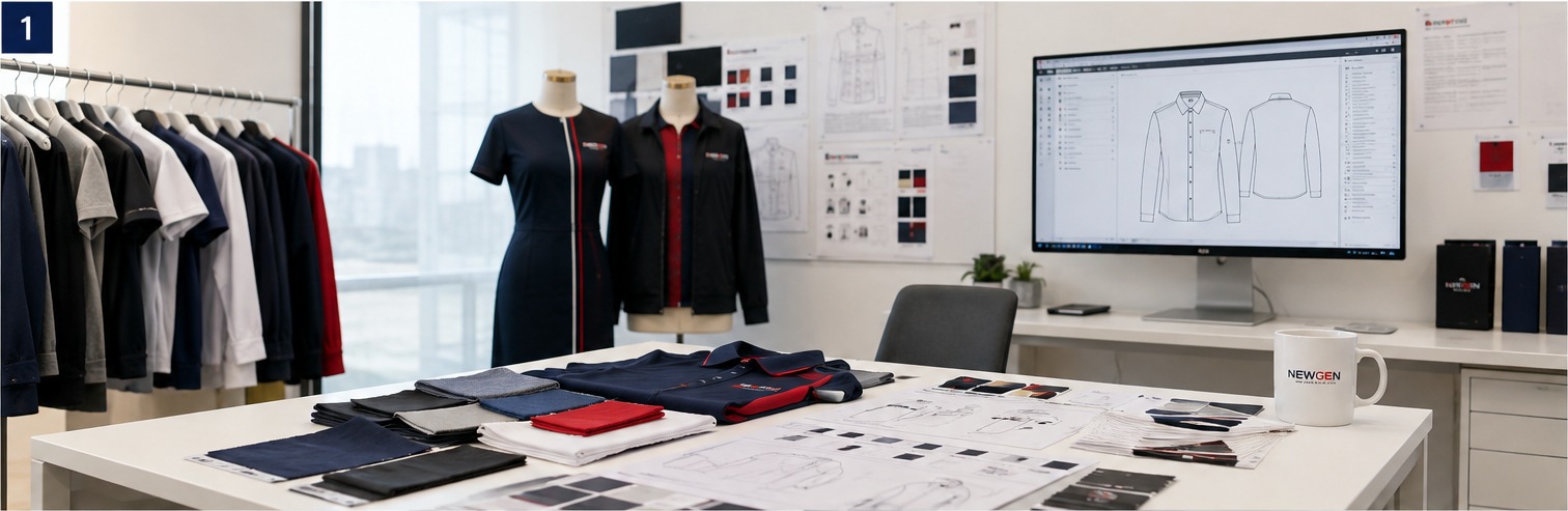NewGen uniform design studio with garments, CAD development and fabric selection