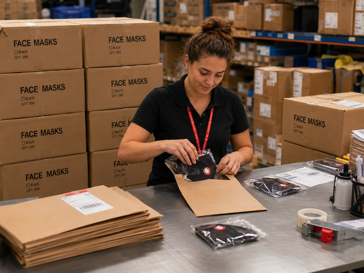 Face masks being packed for dispatch in a warehouse