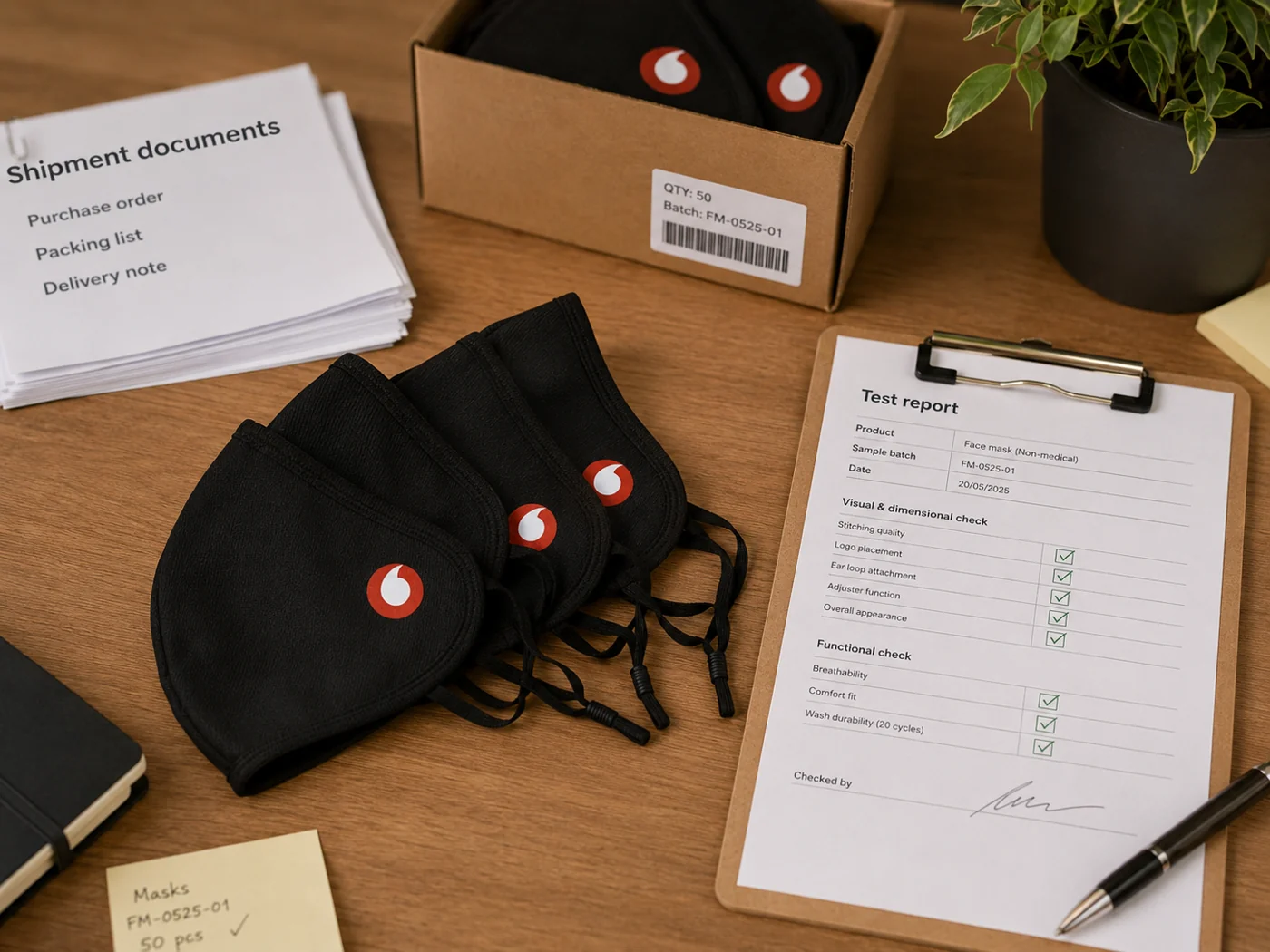Testing and shipment documentation beside black masks