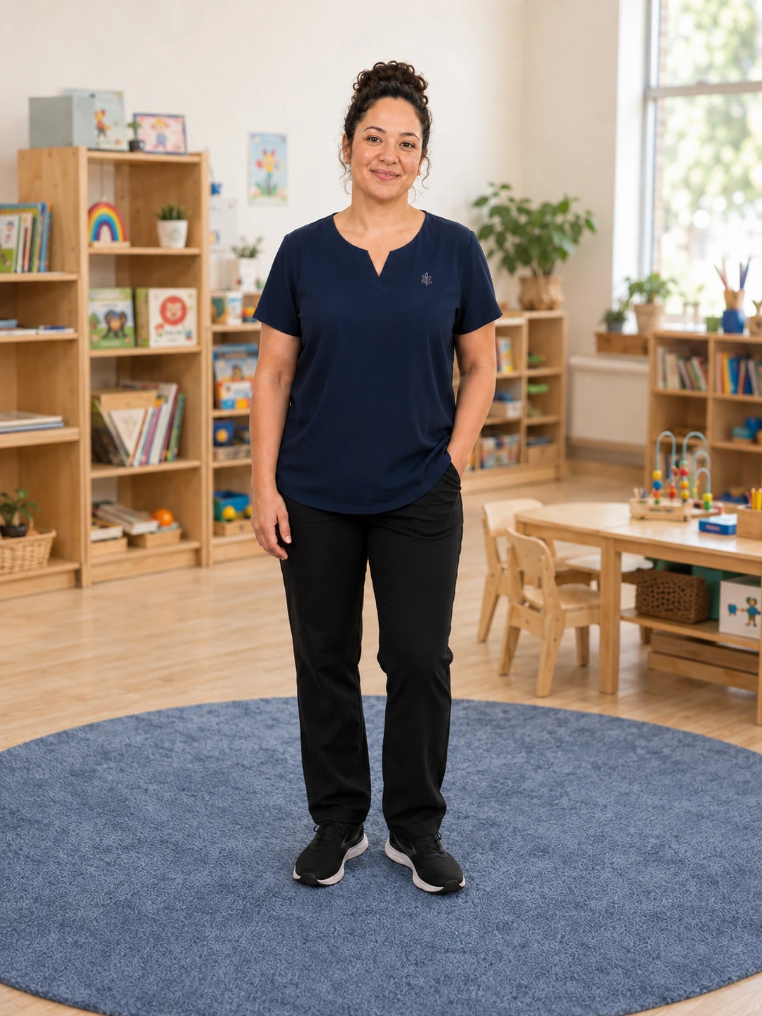 Educator standing in a bright classroom wearing the custom branded navy educator blouse