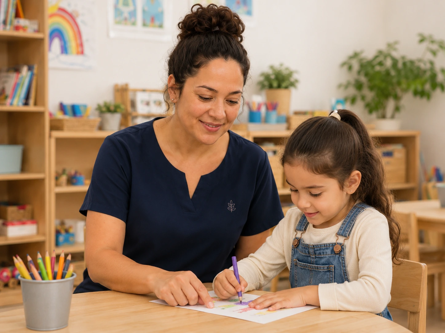 Educator wearing the branded blouse during a hands-on classroom activity