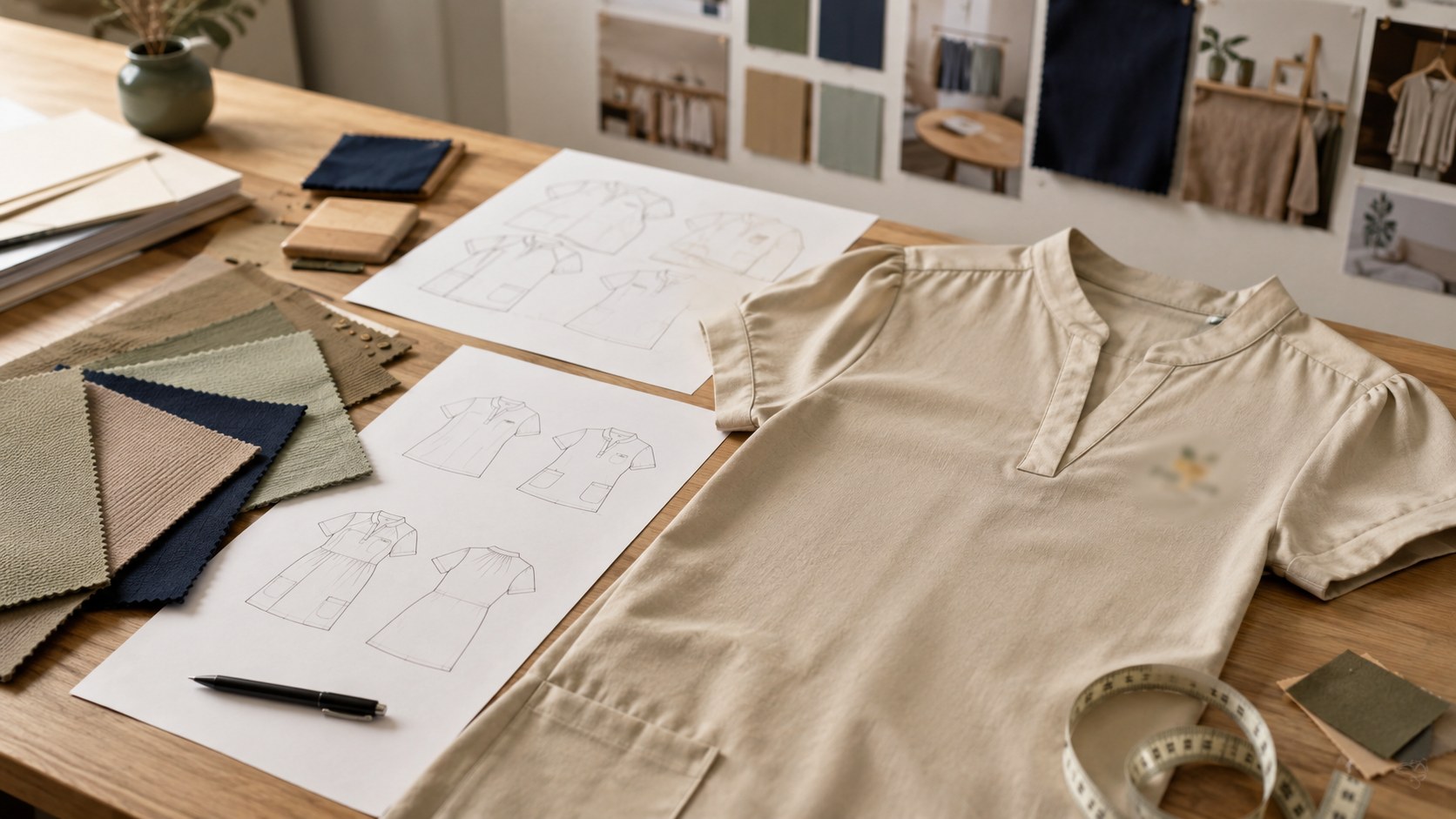 Uniform planning table with fabric swatches, garment sketches and educator blouse sample