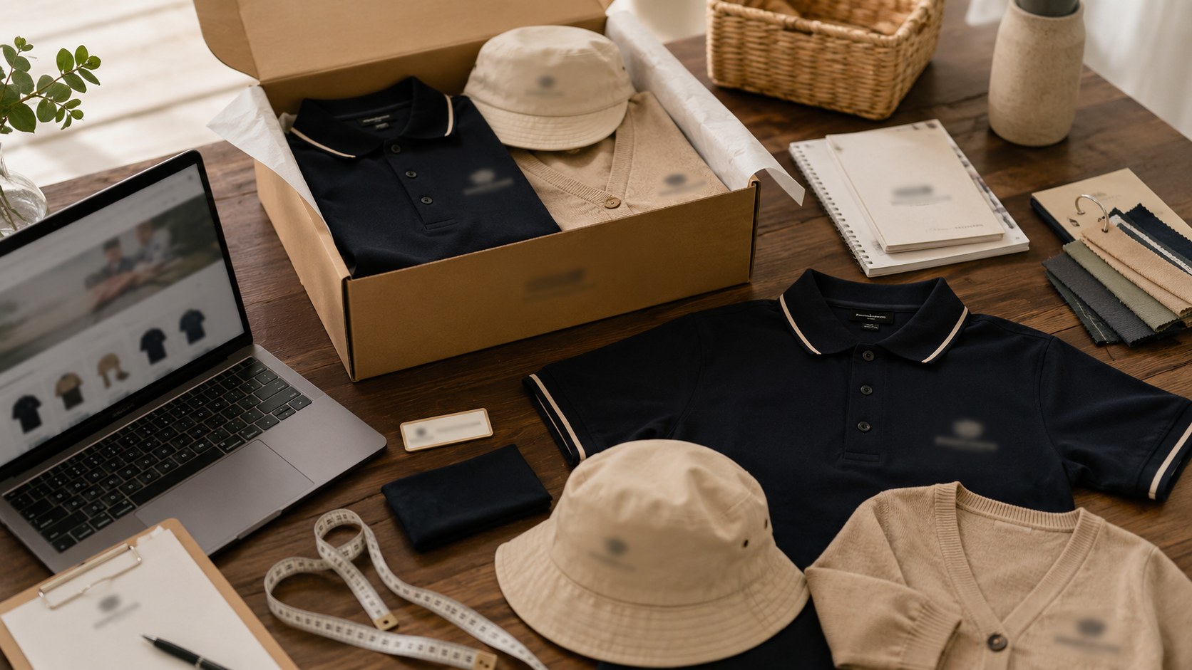 Packing bench with online uniform portal, folded uniforms, boxes and stock support