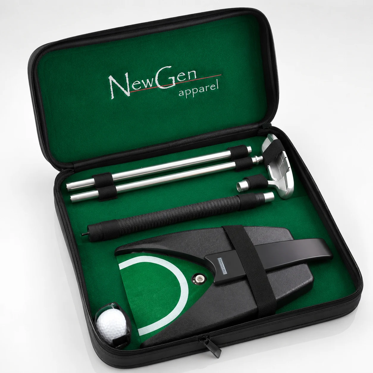 Open branded putting set case showing the set components