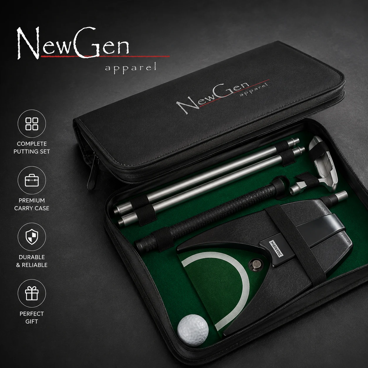 Final product-style branded putting set image with feature icons