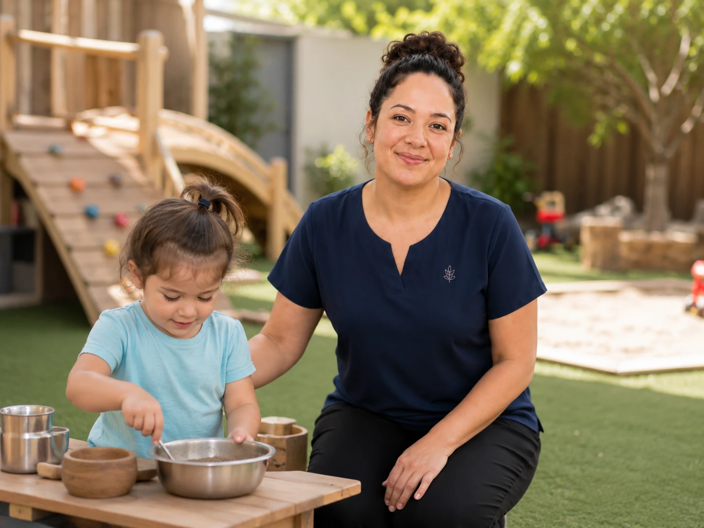 Educator wearing the custom branded navy blouse with a child