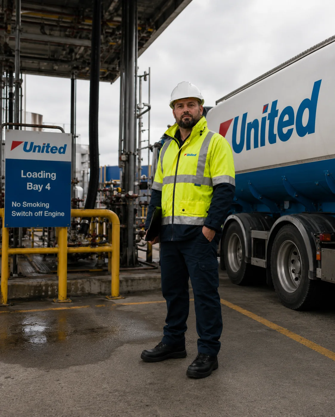 United Petroleum high-visibility jacket and safety workwear in a fuel terminal setting