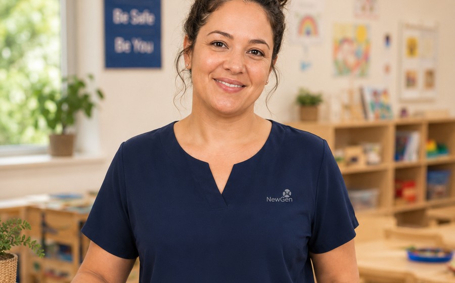 Educator wearing a navy custom blouse in an early learning setting
