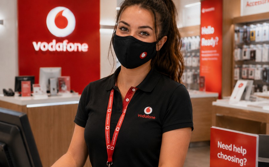 Vodafone team member wearing a branded face mask and uniform in store