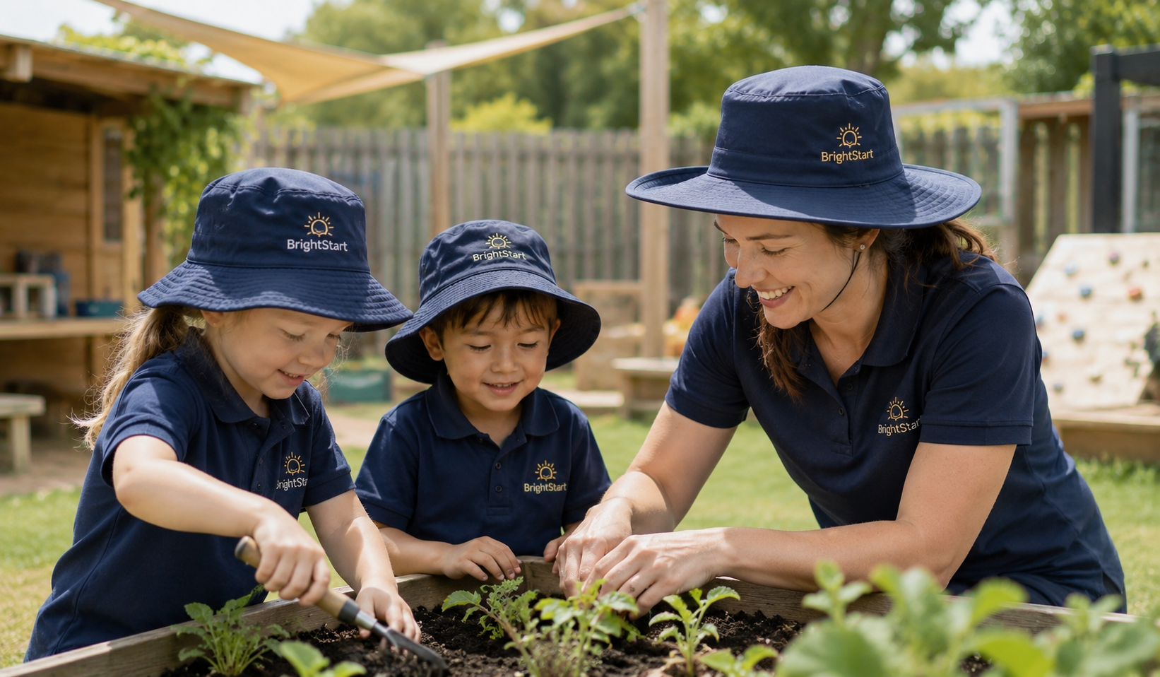 Children and an educator wearing branded sun-safe early learning hats outdoors