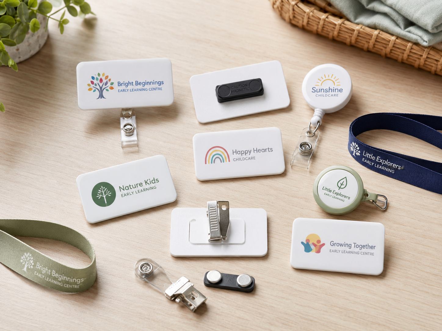 Blank branded name badges with clips and reels for centre teams