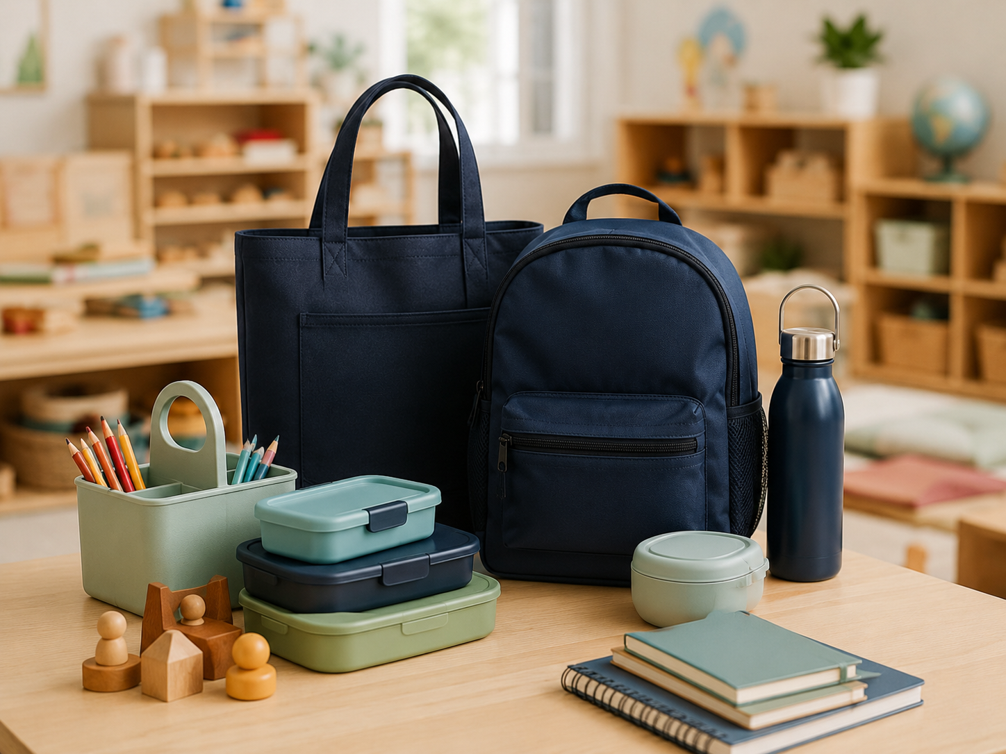 Organised classroom essentials and centre supplies laid out on a wooden table