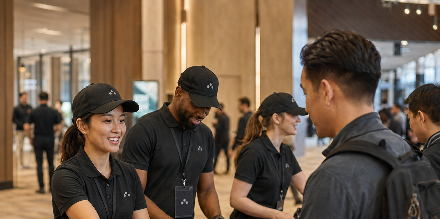 Event crew wearing coordinated branded black apparel at a registration desk