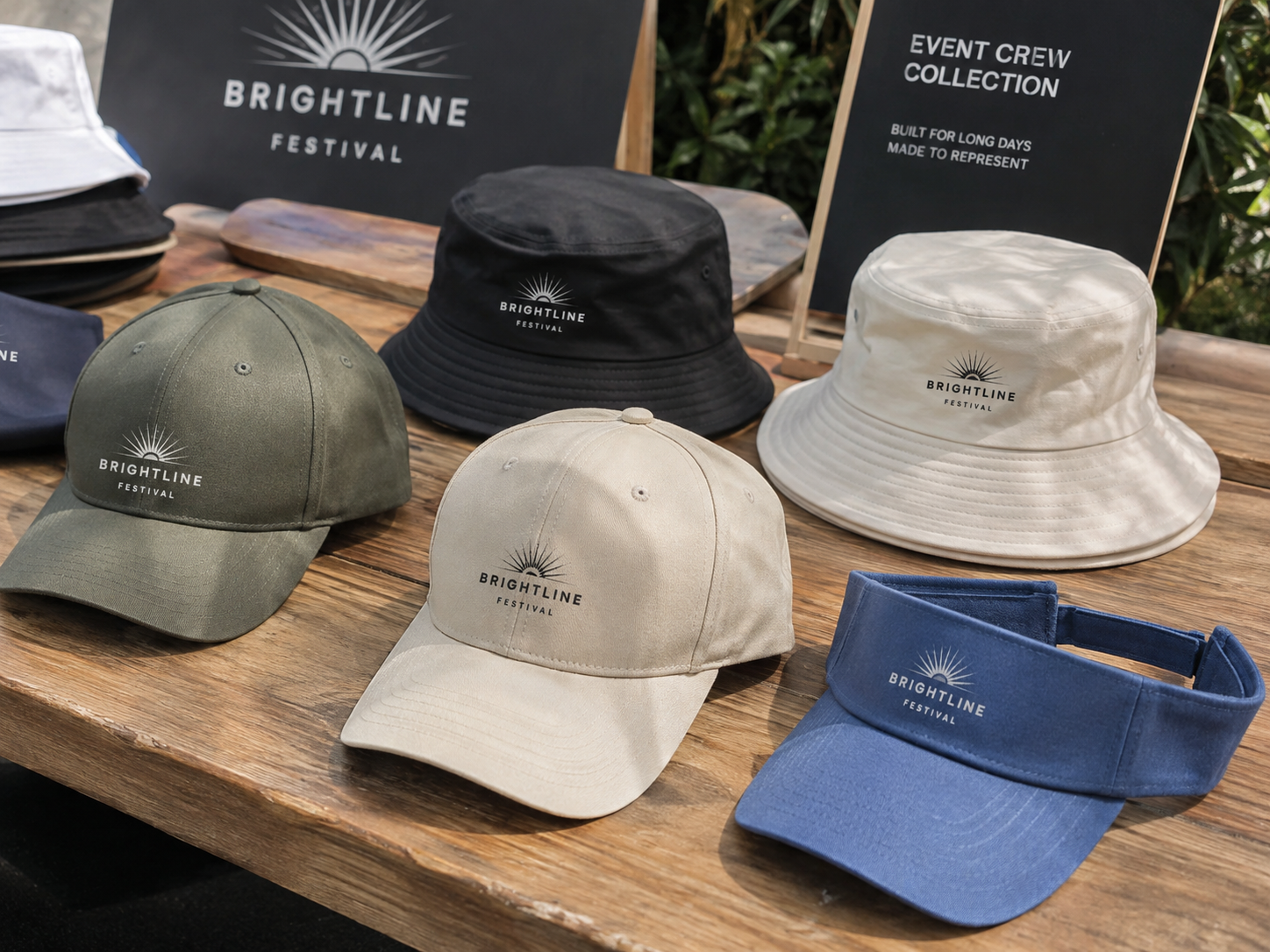 Branded event headwear displayed for a festival or activation team