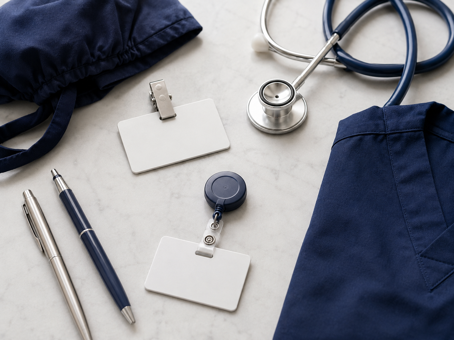 Clinical accessories including fob watch, pens, blank badge reel and stethoscope