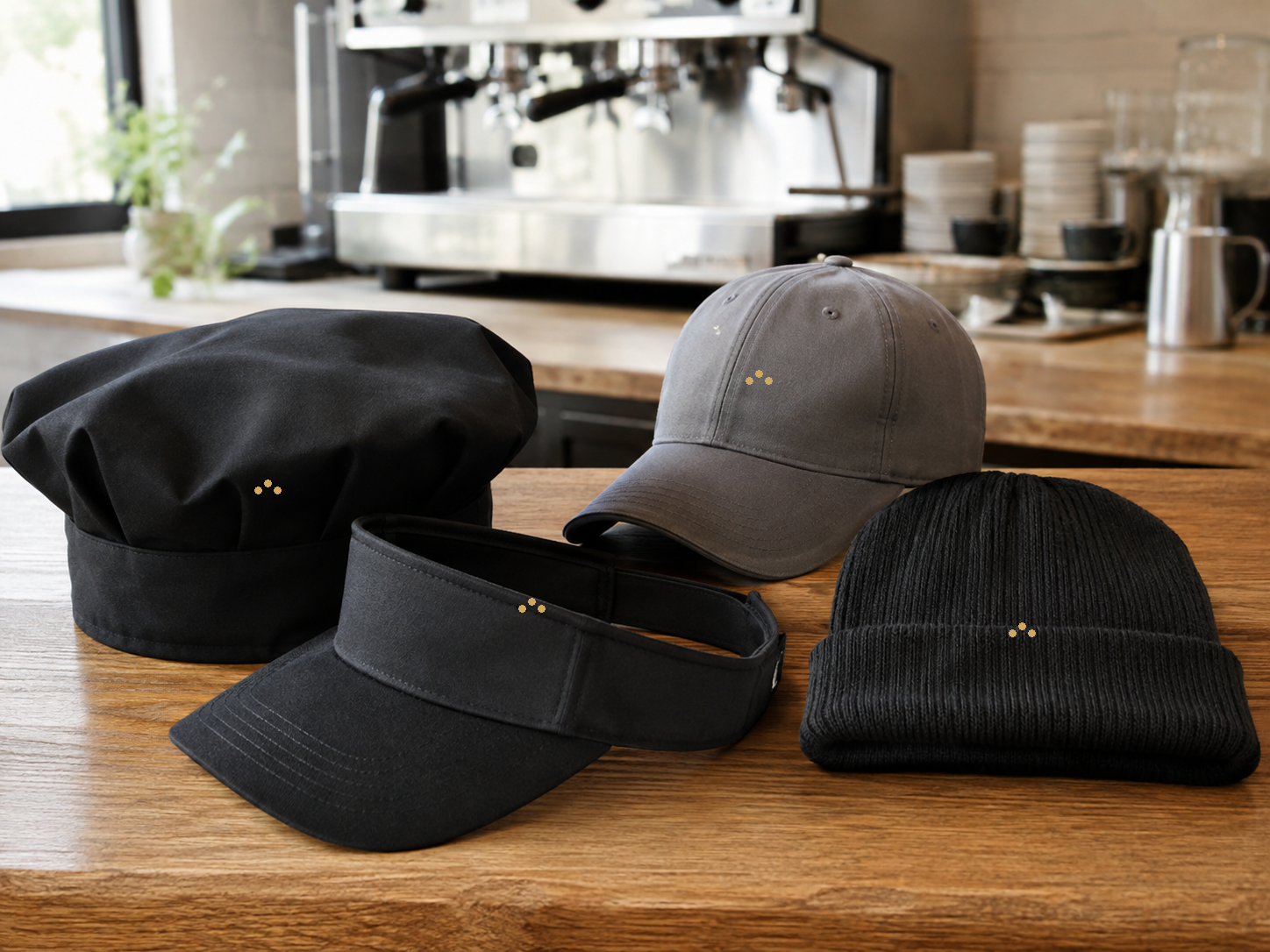Hospitality headwear options including chef and café styles with subtle logo branding