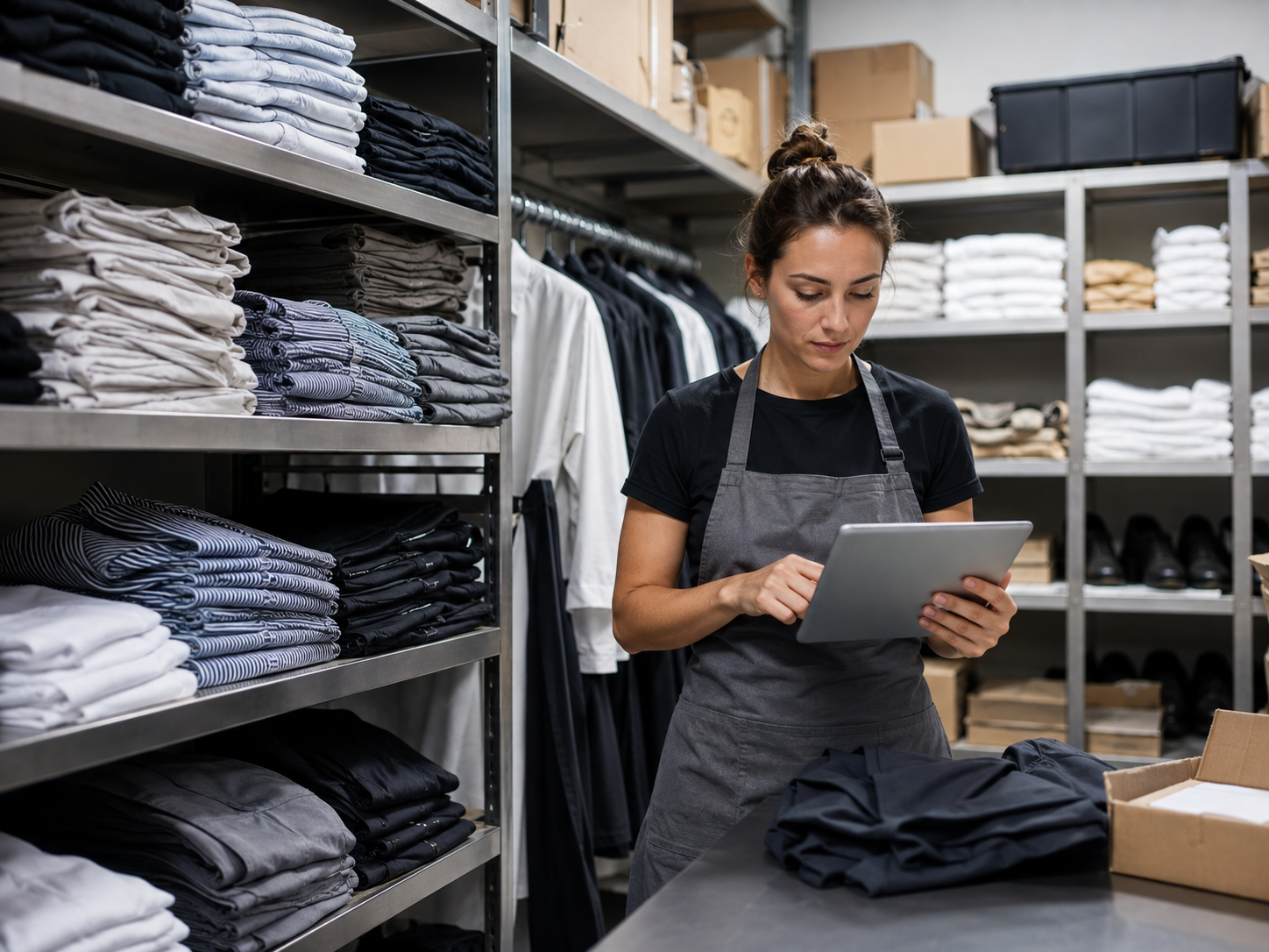 Organised stockroom with uniform inventory being checked on a tablet