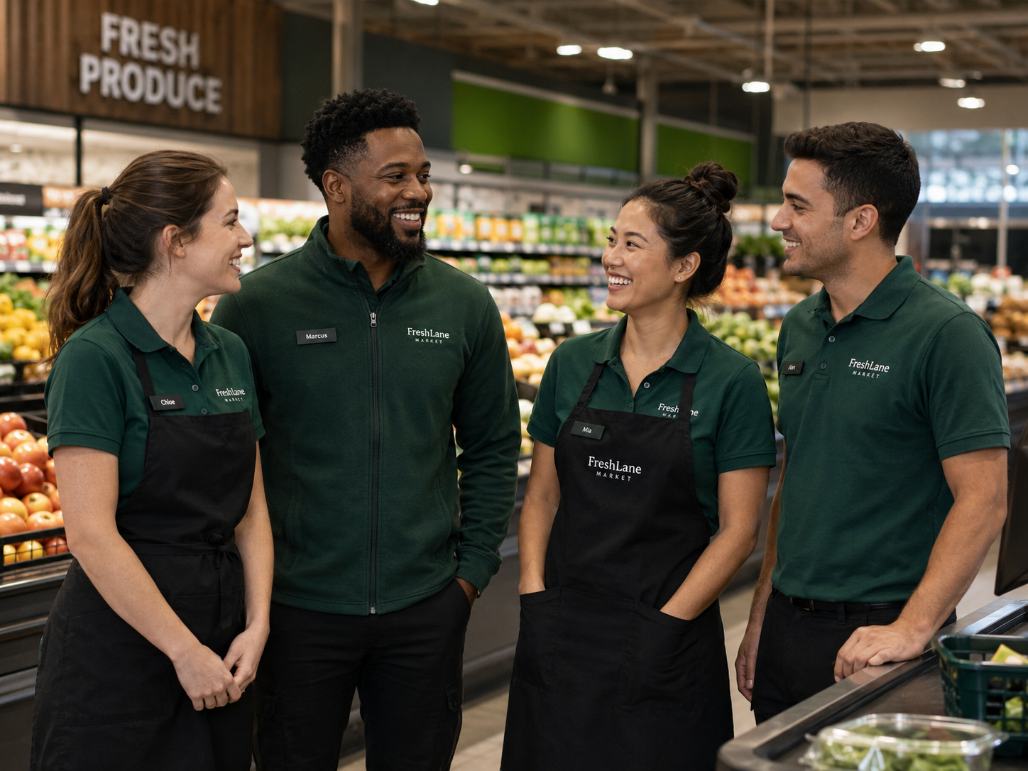 Supermarket team in branded uniforms in the produce aisle