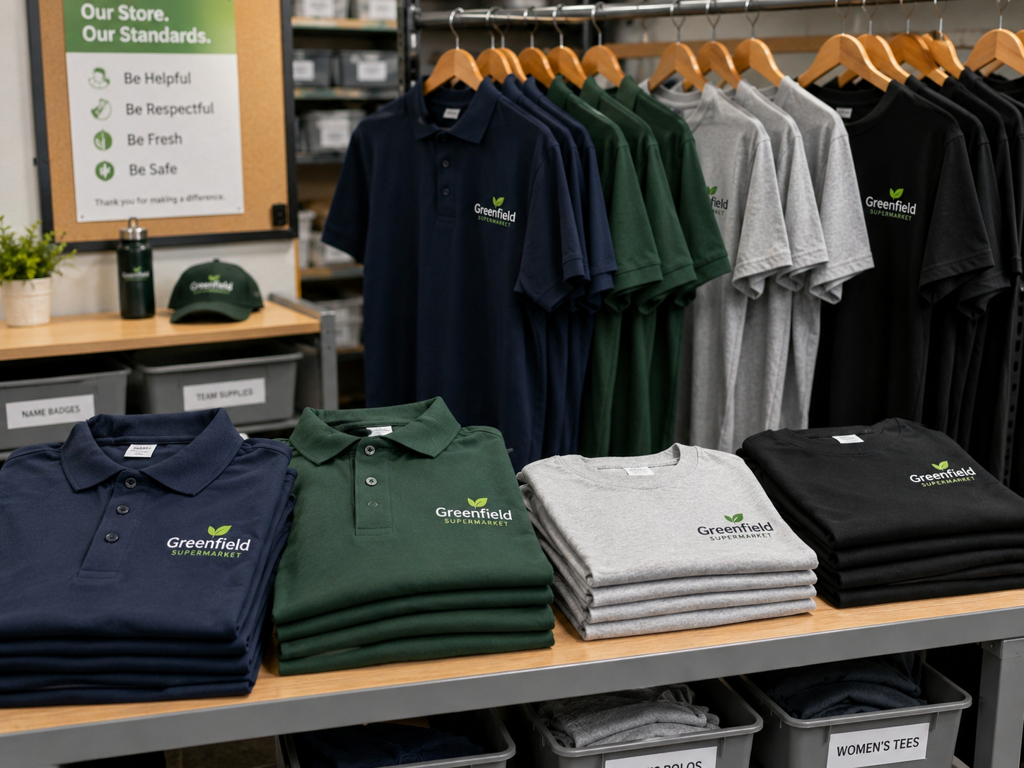 Branded supermarket polos and tees displayed on shelves and a hanging rack