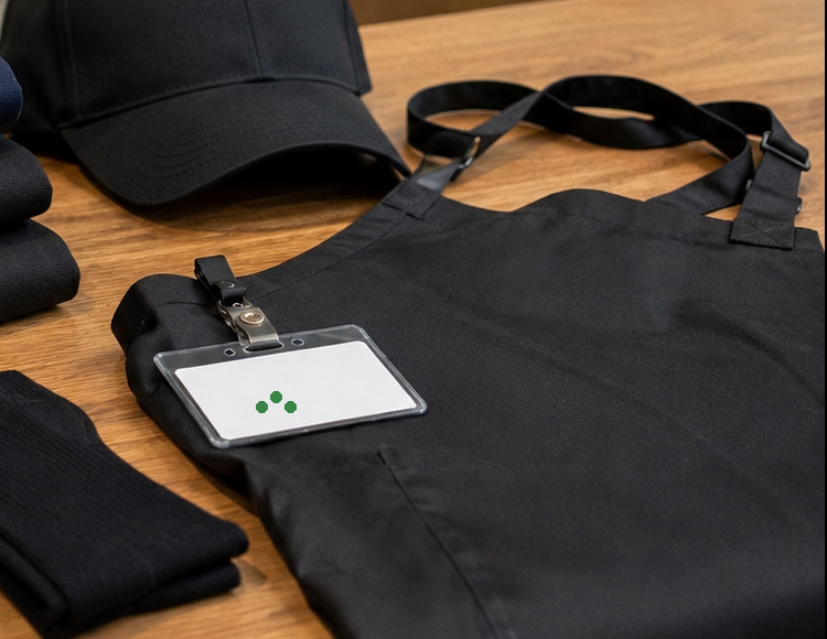 Logo-only retail name badges shown with staff kit accessories
