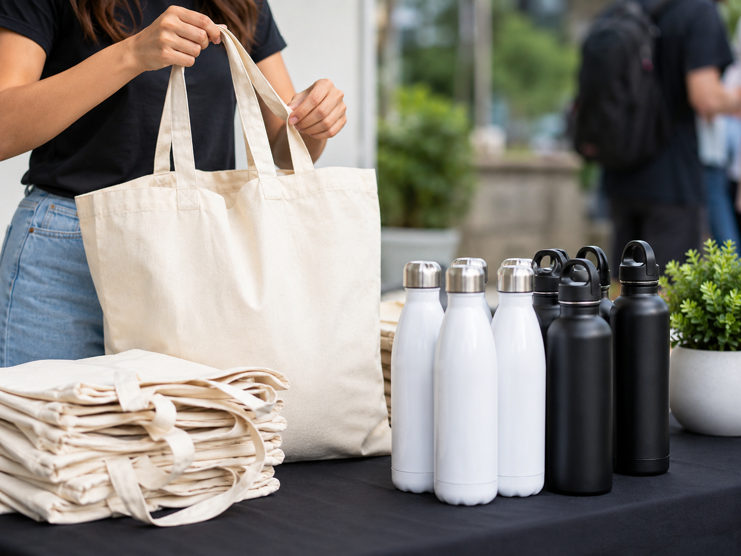 Canvas tote bags and reusable bottles displayed on a table