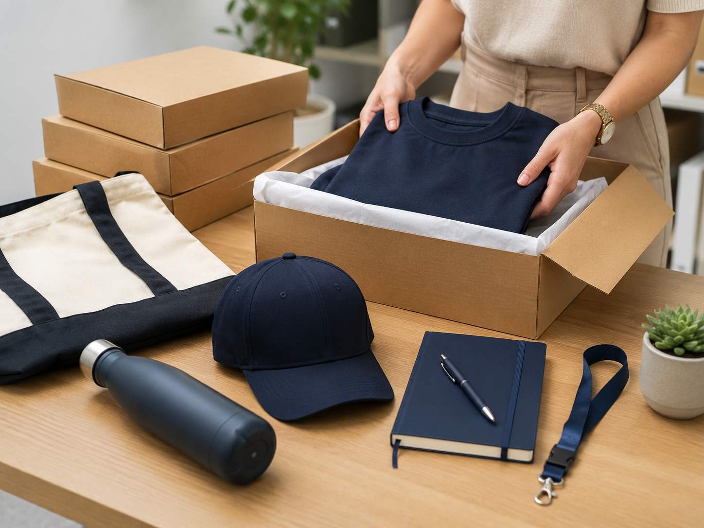 Branded event pack being assembled into a box