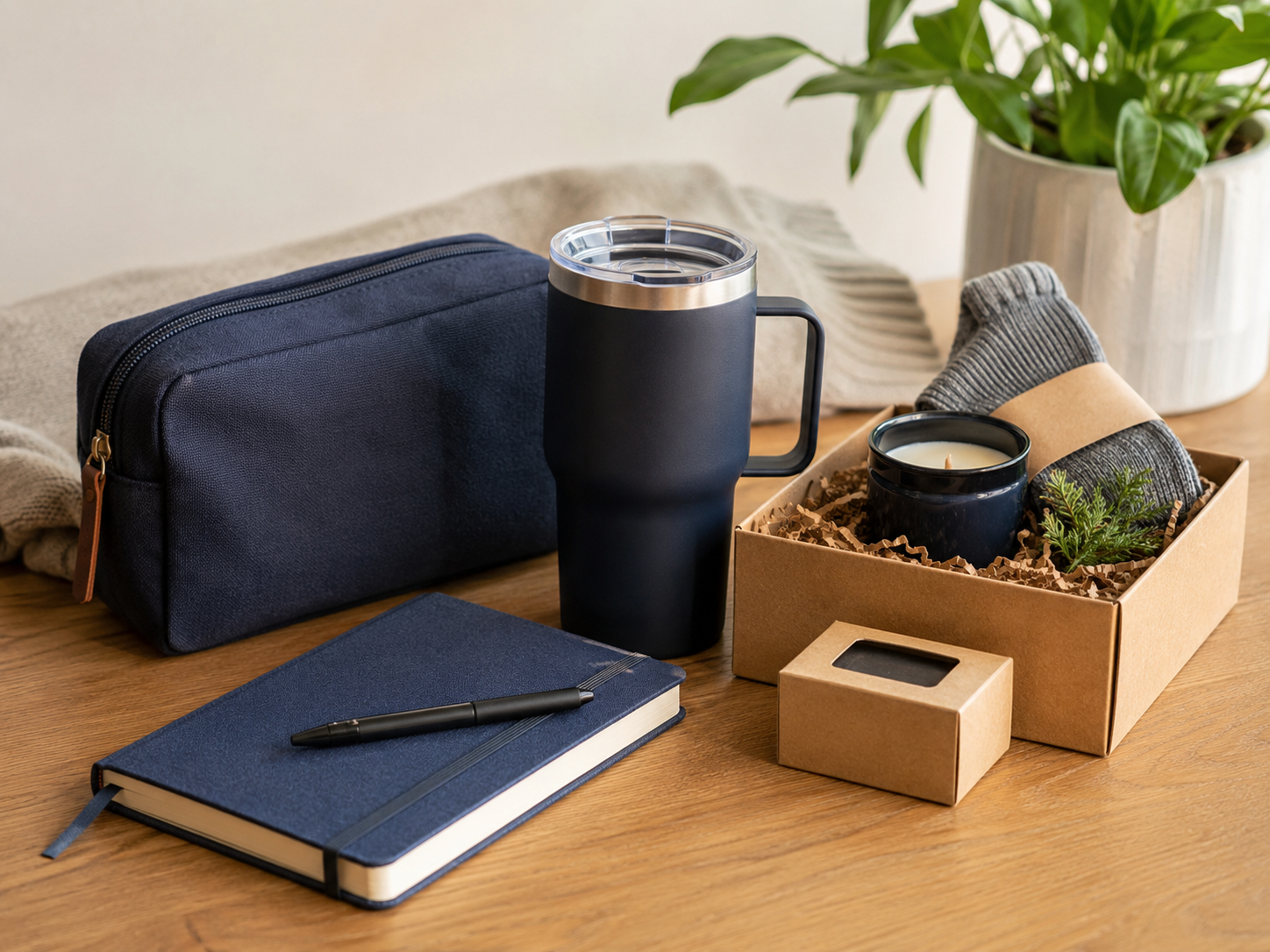 Desk gift items including notebook, mug and small boxed pieces